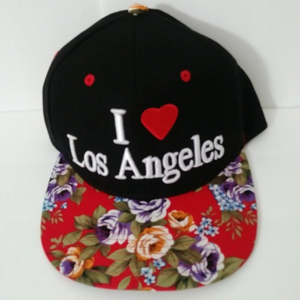 I Love Los Angeles Black Floral Hat Flat Bill by Headlines